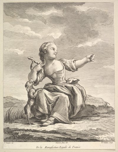 Klein meisje dat met een hond speelt, uit Deuxième Livre de Figures d