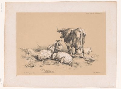 Studies van vier schapen en een koe Dierstudies van Cooper door Pierre Frédéric Lehnert