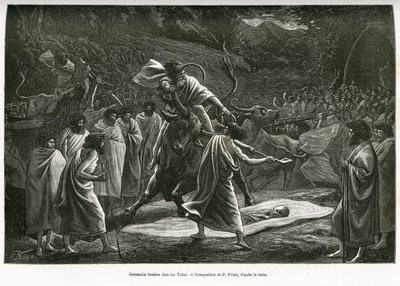 Een begrafenisceremonie voor de Todas, een kleine pastorale gemeenschap op het Nilgiri-plateau (Zuid-India), tijdens de begrafenis worden runderen geofferd. Gravure door P. Fritel, ter illustratie van het verhaal souvenirs van een reis naar de Nilgherries, door Pierre Fritel