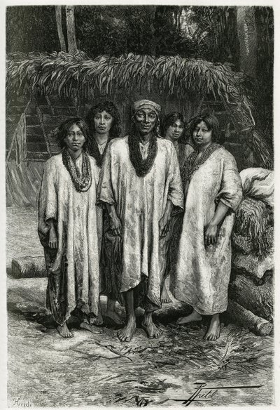 Hoofd Lacandon en Lacandon-types, Maya-volk dat in de jungles van Chiapas (Mexico) leeft. Gravure door P. Fritel, ter illustratie van het verhaal 