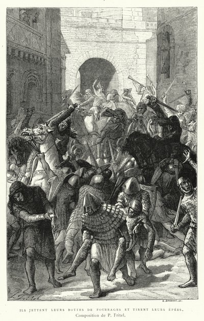 Ils Jettent Leurs Bottes De Fourrages Et Tirent Leurs Epees (gravure) door Pierre Fritel