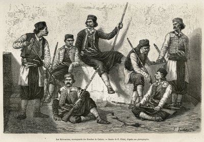 De Krivosciërs, bergbewoners van de Bouches de Cattaro (of Kotor, baai aan de westkust van Montenegro), bewapend om de kracht van de Oostenrijkse troepen te weerstaan. Gravure naar de tekening van P. Fritel, ter illustratie van de reis naar Dalmatië, door  door Pierre Fritel