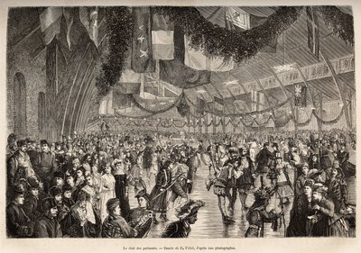 De schaatsclub van Montreal, bij een bijeenkomst voor een kostuum schaatsavond, gegraveerd naar een tekening van P.Fritel, ter illustratie van de excursie naar Canada en de Riviere Rouge du nord, door H. De Lamotte, 1873, gepubliceerd in 