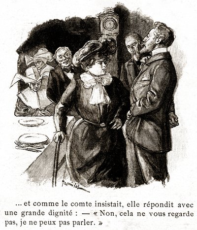 "Boule de Suif": Elisabeth Rousset weigert de graaf te antwoorden, begin 20e eeuw (illustratie) door Pierre Georges Jeanniot