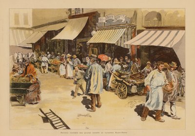 De marktkramers van vier seizoenen op de Rue du Faubourg Saint-Denis, Parijs door Pierre Georges Jeanniot