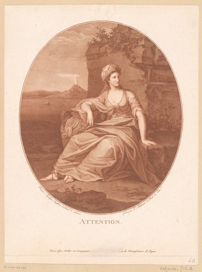 Antieke vrouwelijke figuur in vulkaanlandschap door Pierre Guillaume Alexandre Beljambe