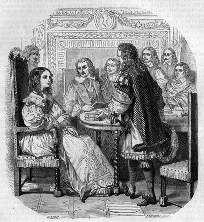 Bezoek van koningin Christina van Zweden (1626-1689) aan de Academie Française in Parijs in aanwezigheid van kardinaal Richelieu. Gravure door G. Staal door Pierre Gustave Eugene Staal