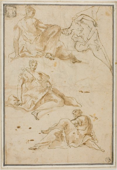 Schetsen van vier gedrapeerde vrouwelijke figuren (voor pendentieven) door Pierre Hubert Subleyras