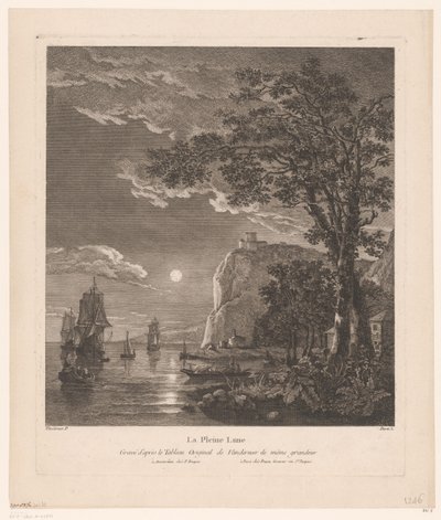 Nachtelijk landschap met schepen aan de kust door Pierre Jacques Duret