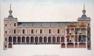 Doorsnede van het kasteel in Ronse, België, uit Choix des Monuments, Edifices et Maisons les plus remarquables du Royaume des Pays-Bas door Pierre Jacques Goetghebuer, gepubliceerd 1827 door Pierre Jacques Goetghebuer