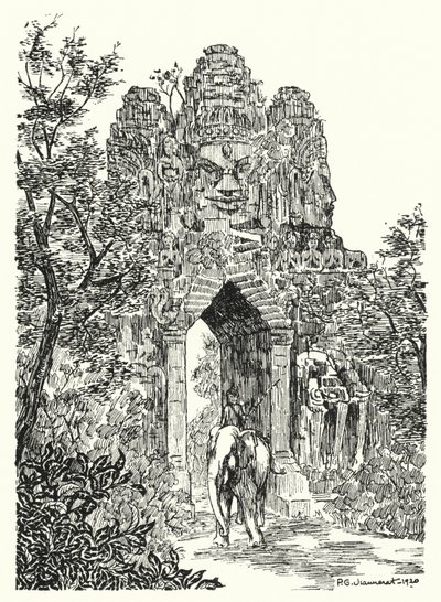 De noordelijke poort van Angkor-Thom (gravure) door Pierre Jeannerat de Beerski