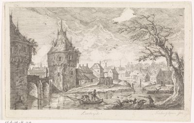 Dorpsgezicht met vissers door Pierre Joseph Jacques Tiberghien