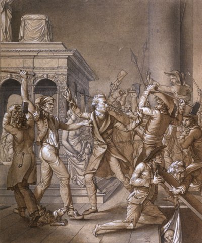 Alexandre Lenoir verzet zich tegen de revolutionairen die het graf van de Franse koning Lodewijk XII willen vernietigen in de koninklijke basiliek van Saint Denis in 1793, tijdens de Franse Revolutie door Pierre Joseph Lafontaine