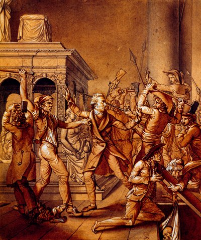 Alexandre Lenoir verzet zich tegen de revolutionairen bij het graf van koning Lodewijk XII in de koninklijke basiliek van Saint Denis in 1793 door Pierre Joseph Lafontaine