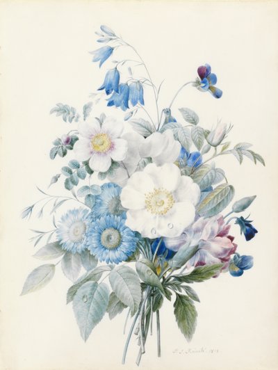 Blauwe asters, rosa spinosissima (hybride), klokjesbloem, viooltjes, anjer en een wilde roos door Pierre Joseph Redouté