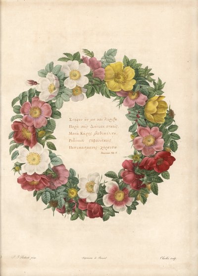 Kroon van rozen met een Griekse motto - Ets door Charlin, naar een illustratie van Pierre Joseph Redoute (1759-1840), uit Les Roses door Pierre Joseph Redouté
