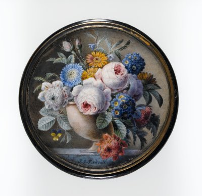 Schildpaddoos met een Miniatuur van Bloemen in een Stenen Vaas op een Marmeren Plaat, 1827 door Pierre Joseph Redouté