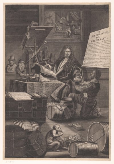 Goudweger met bediende met waarschuwingen over de gevaren van rijkdom door Pierre Landry (attributed to)