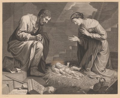 Maria en Jozef in aanbidding voor het Christuskind door Pierre Landry