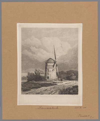 Gezicht op de Steenenmolen of Rembrandts molen in Koudekerk aan den Rijn door Pierre Louis Dubourcq