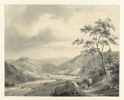 Heuvellandschap met jager met hond op pad door Pierre Louis Dubourcq