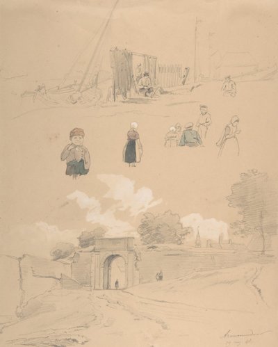 Studieblad met figuren en landschappen bij Arnemuiden nabij Middelburg, midden 19e eeuw door Pierre Louis Dubourcq