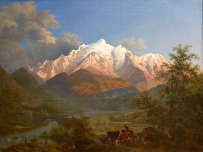 Uitzicht op de Mont-Blanc vanuit Sallanches bij schemering door Pierre Louis de La Rive