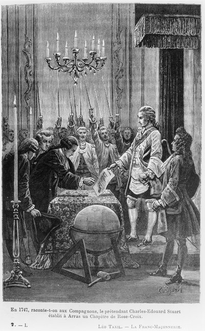 In 1747, wordt de Metgezellen verteld, vestigde de pretendent Charles-Edward Stuart (1720-1788) een Kapittel van het Rozenkruis in Arras, illustratie uit 