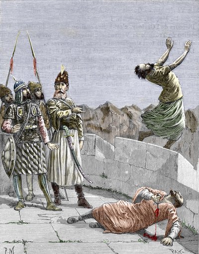 Ismaili-sekte van het oosten of moordenaars opgericht door Hassan ibn al-Sabbah (1036-1124), bekend als de oude man van de Berg, die twee van zijn fanatieke volgelingen opdracht gaf zichzelf te doden, Alamut, Perzië, rond 1096 (Nizari Ismailisme: voorstell door Pierre Mejanel