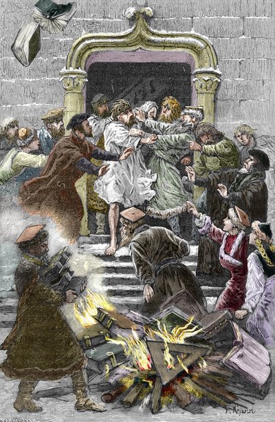 Socinianisme en Kleine Poolse Kerk: de inwoners van Krakau verbranden de werken van Faustus Socinus op het openbare plein en dwingen hem aanwezig te zijn bij de autodafe in 1598 door Pierre Mejanel