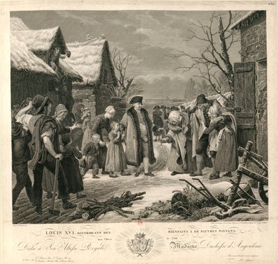 Lodewijk XVI deelt aalmoezen uit aan de arme boeren in de winter van 1788 door Pierre Michel Adam