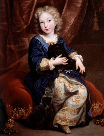 Portret van Philippe van Frankrijk, Hertog van Anjou (1683-1746) (toekomstige Filips V van Spanje) met zijn zwarte hond door Pierre Mignard