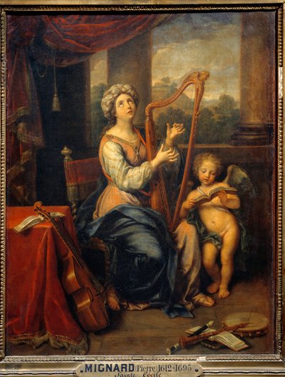 Sint Cecilia zingt de lof van de Heer. De heilige speelt harp en is omringd door instrumenten. Schilderij door Pierre Mignard (1612-1695) 1691 Parijs, Musée du Louvre door Pierre Mignard