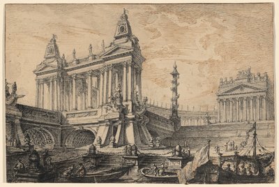 Architectonische fantasie van een magnifieke oude haven door Pierre Moreau
