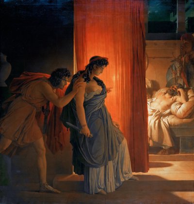 Clytemnestra aarzelt voordat ze de slapende Agamemnon doodt door Pierre Narcisse Guerin
