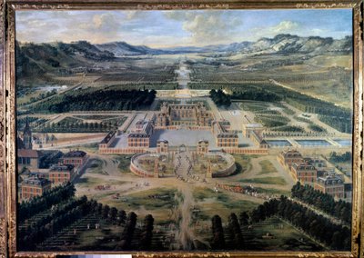 Uitzicht op het Kasteel en de Tuinen van Versailles, genomen vanaf de Parijse Avenue in 1668 door Pierre Patel