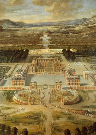 Uitzicht op de tuinen van het kasteel van Versailles, genomen vanaf de Avenue de Paris in 1668 (detail) door Pierre Patel