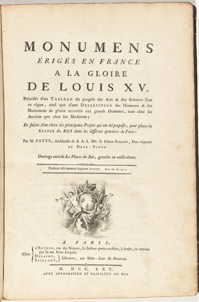Monumenten Opgericht in Frankrijk ter Eer van Lodewijk XV, Voorafgegaan door een Schilderij van de Vooruitgang van Kunsten en Wetenschappen onder dit Regeer...Werk Verrijkt met Plaatsen van de Koning, Gegraveerd in Koper door Pierre Patte