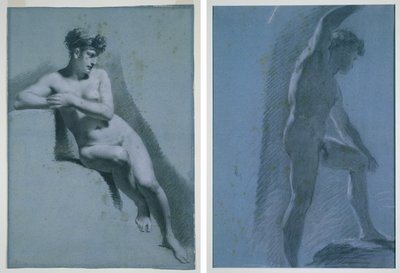 Studie van een naakte vrouw, zittend naar rechts kijkend (recto) Studie van een mannelijk naakt (verso) door Pierre Paul Prud