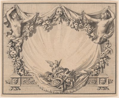Een cartouche met theatermaskers door Pierre Philippe Choffard