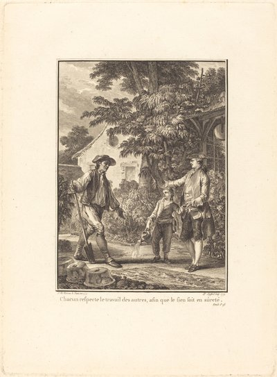 Iedereen respecteert het werk van anderen, zodat de borst veilig is door Pierre Philippe Choffard after Jean Michel Moreau