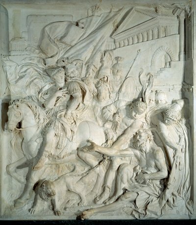 Alexander de Grote ontmoet de Griekse filosoof Diogene de Cynicus in zijn ton. Bas-reliëf marmer door Pierre Puget (1620-1694) 1693. Uit de Salle des cent Suisse (Louvre). Parijs, Louvre Museum door Pierre Puget
