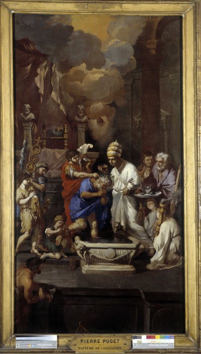De doop van Constantijn: Keizer Caius Flavius Valerius Aurelius Constantinus ontvangt het sacrament van paus Sylvester I (heilige), in de basiliek van Sint-Jan van Lateranen in Rome door Pierre Puget