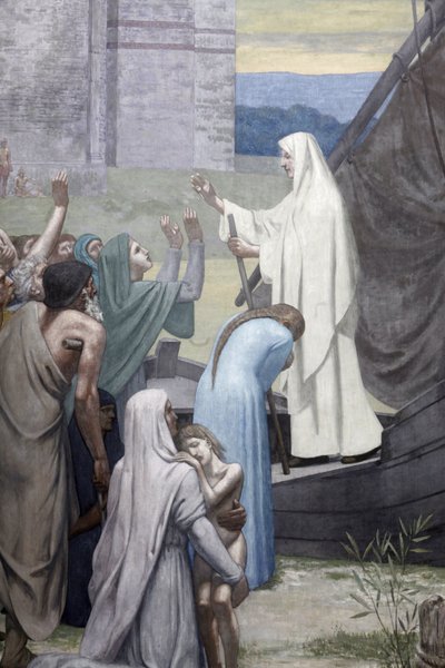 St. Genevieve brengt voorraden naar de stad Parijs na het beleg door Pierre Puvis de Chavannes