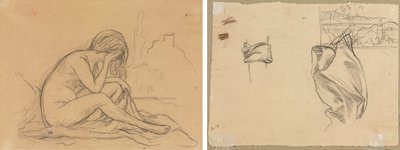 Studie van een vrouwelijk naakt (mogelijk voor een ongerealiseerd allegorisch schilderij) (recto); Studies van draperie en studie van een landschap (verso) door Pierre Puvis de Chavannes