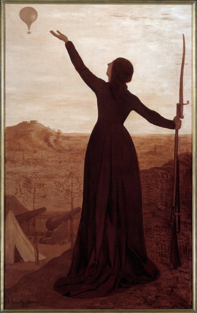 Het bal. Inscriptie op de lijst: De stad Parijs investeert en vertrouwt haar oproep aan Frankrijk toe aan de lucht. Een vrouw met een bajonet wijst naar een ballon in de lucht. Schilderij door Pierre Puvis De Chavannes (1824-1898) door Pierre Puvis de Chavannes