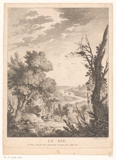 Landschap met herten, konijnen en vogels en op de achtergrond een rivier door Pierre Quentin Chedel