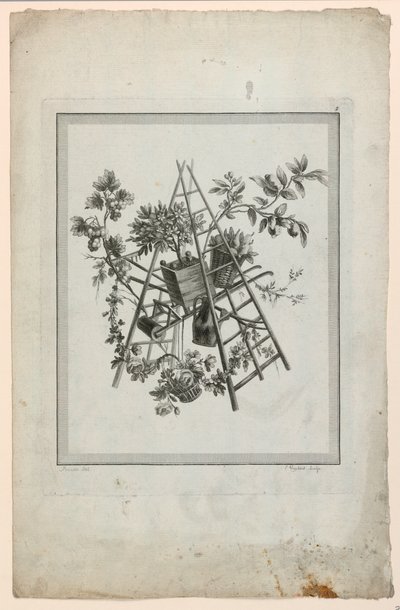 Trofee met tuinierinstrumenten, Plaat 2 uit "Suite de différentes Attributs, Trophées, et Groupes de fleurs," Suite II door Pierre Ranson