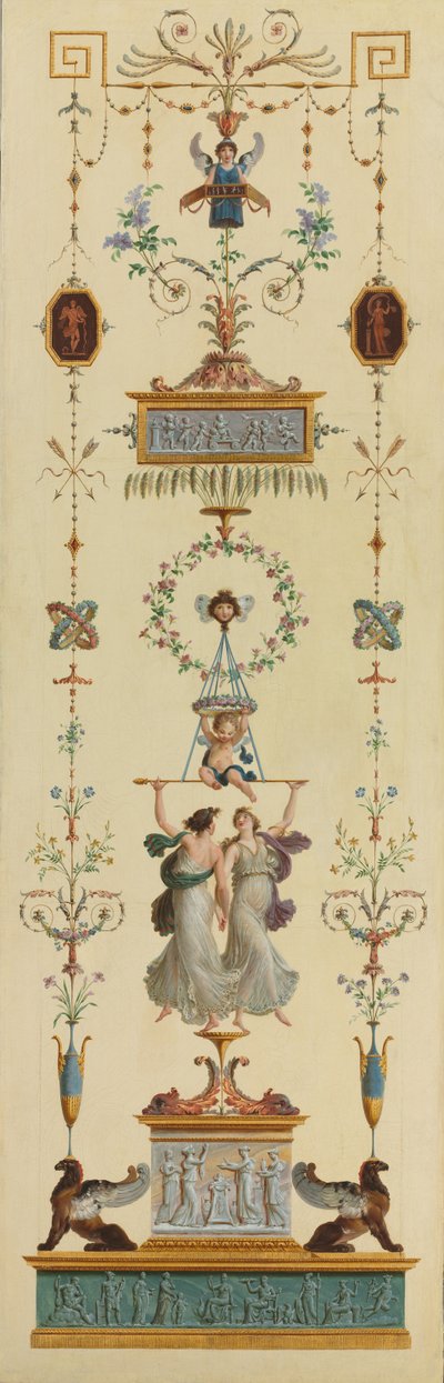 Decoratieve panelen, dubbele deuren, bovendeur schilderijen door Pierre Rousseau
