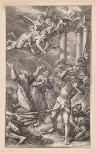Cosmas en Damianus op de brandstapel, omgeven door soldaten en engelen door Pierre Simon (I)